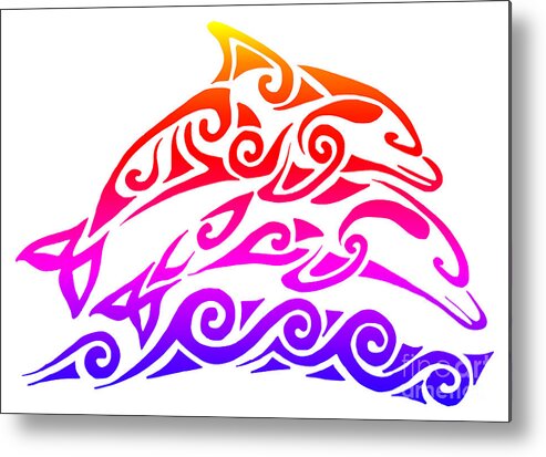 Dolphin Metal Print featuring the mixed media Rainbow Tribal Dolphins by Rebecca Wang