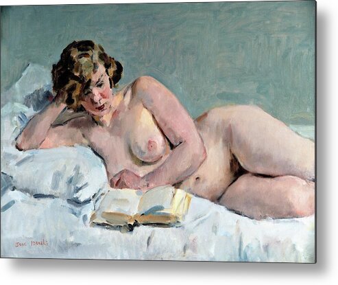 Reclining Reading Nude Metal Print featuring the painting Reclining reading nude - Digital Remastered Edition by Isaac Lazarus Israels