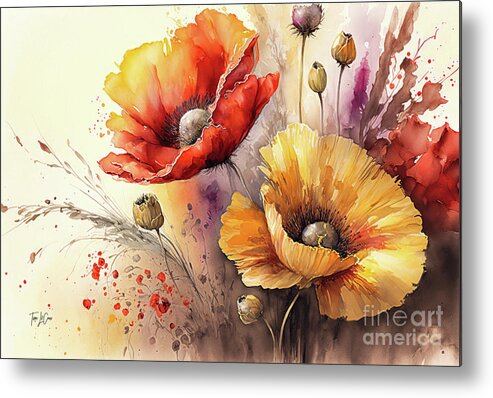 Poppy Flowers Metal Print featuring the painting Red And Gold Poppies 2 by Tina LeCour