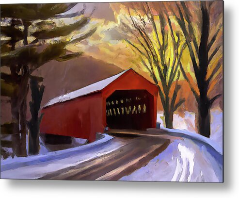 Covered Bridge Metal Print featuring the digital art Red Covered Bridge in the Winter by Alison Frank