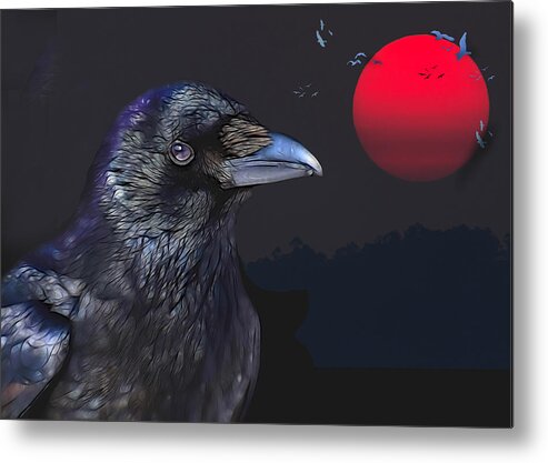 Raven Metal Print featuring the digital art Red Moon Raven by Theresa Tahara