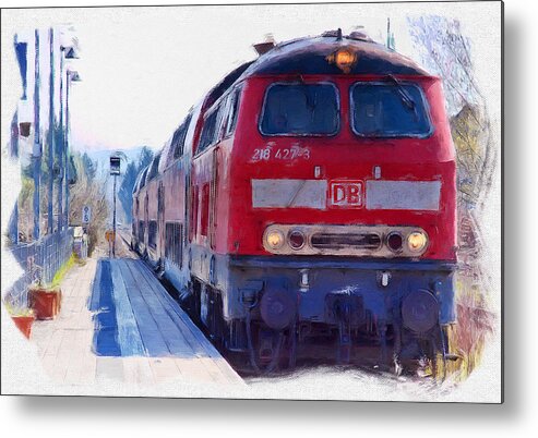 Red Train Metal Print featuring the digital art Red train Kressbronn Germany by Tatiana Travelways