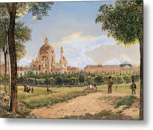 Vintage Metal Print featuring the painting Rudolf von Alt, View of St.Charles s Church and the Polytechnic Institute by MotionAge Designs