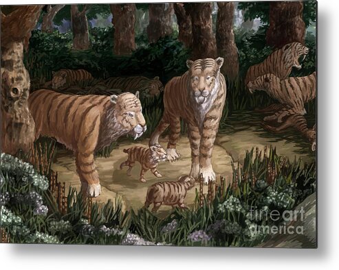 Smilodon Metal Print featuring the photograph Saber-toothed Cat Family, Illustration by Spencer Sutton