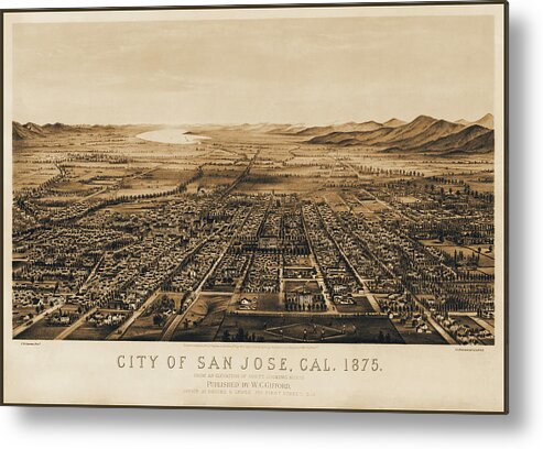 San Jose Metal Print featuring the photograph San Jose California Antique Map Birds Eye View 1875 Sepia by Carol Japp