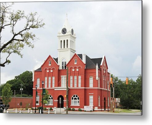 Schley Courthouse Ellaville Schley Ellaville Courthouse Stores Square Caylee Hammock Brent Cobb Metal Print featuring the photograph Schley County Courthouse 2 by Jerry Battle