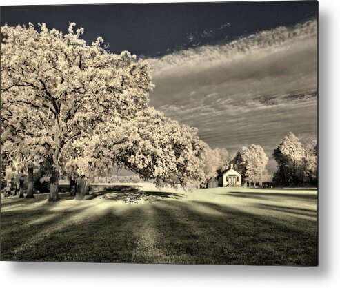 Cooksville Metal Print featuring the photograph School Picnic Dreams - hand tinted infrared film image of Cooksville WI school and picnic grounds by Peter Herman