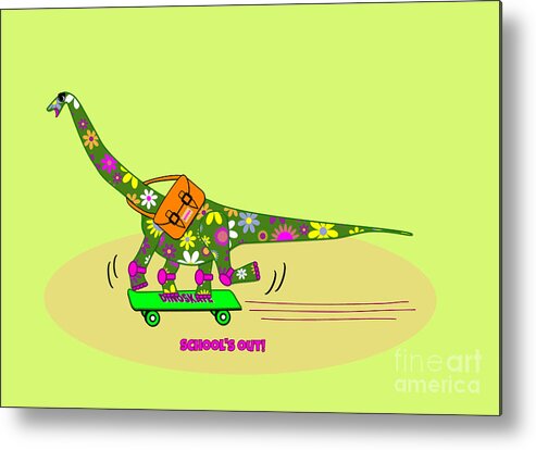 Brachiosaurus Metal Print featuring the digital art Brachiosaurus Dinosaur on Skateboard - Schools Out by Barefoot Bodeez Art