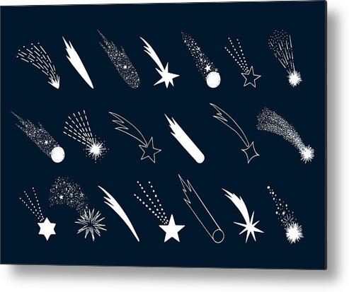 Comet Metal Print featuring the drawing Set of hand drawn falling stars. Vector comet. Shooting lights. Isolated illustration. Doodle style. by Anatartan