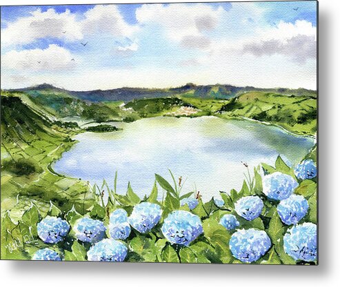Sete Cidades Metal Print featuring the painting Sete Cidades in Azores Sao Miguel Painting by Dora Hathazi Mendes