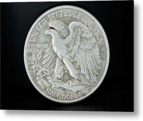 Silver Coin Metal Print featuring the photograph Silver Coins 1945 Walking Liberty Half Dollar Back by Amelia Pearn