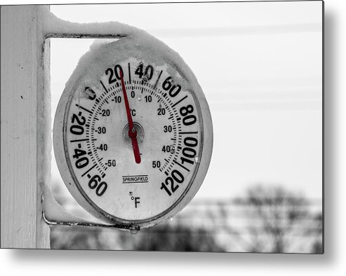 Thermometer Metal Print featuring the photograph Snow Covered Thermometer by Cathy Kovarik