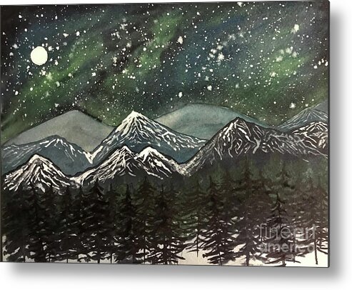 Snowy Mountains Metal Print featuring the painting Snowy Mountains with Aurora by Lisa Neuman