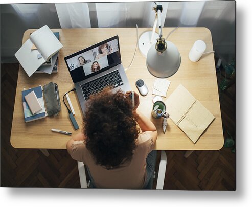 Working Metal Print featuring the photograph Social Distancing and Self Care: Happy Woman Teleconferencing from Home by FreshSplash