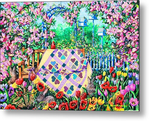 Garden Bench Metal Print featuring the painting Springtime Hearts and Flowers by Diane Phalen