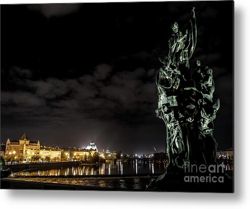 Ancient Metal Print featuring the photograph Statue On Charles Bridge And Illuminated Buildings In Prague In The Czech Republic by Andreas Berthold