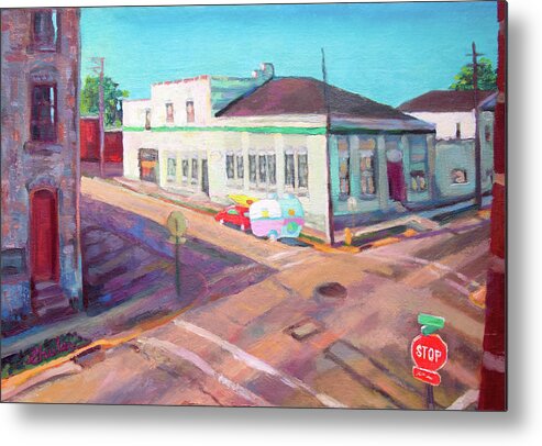 Trailer Metal Print featuring the painting Stopping at the Crossroads and Going Off the Grid by Nancy Shuler