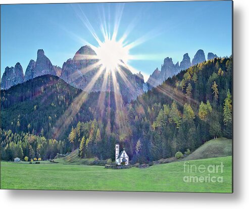 Sunrise Sun Rays Glory Black Mountains Powerful Striking Sunlight Sky Dramatic Beautiful Stunning Magnificent Exciting Landscape Contemporary Serenity Inspirational Serene Stylish Magic Poetic Exceptional Singular Electric Stimulating Thrilling Atmospheric Aesthetic Attractive Radiant Expressive Expression Alluring Scenic Sensational Appealing Brilliant Captivating Fascinating Glamorous Glorious Spectacular Splendid Simplicity Solo Solitary Evocative White Church Vivid Color Dolomites Italy Alps Metal Print featuring the photograph Sunrise glory NEW DAY IS RISING DolomItes Italy, St Johann Church, Val di Funes by Tatiana Bogracheva