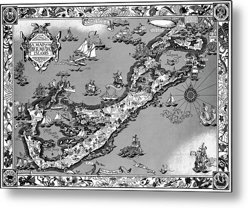 Bermuda Metal Print featuring the photograph The Bermuda Islands Vintage Pictorial Map 1930 Black and White by Carol Japp