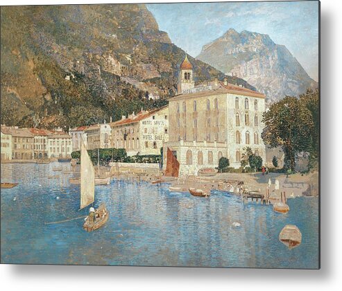 Vintage Metal Print featuring the painting The Harbour of Riva on Lake Garda, c. 1912 by MotionAge Designs