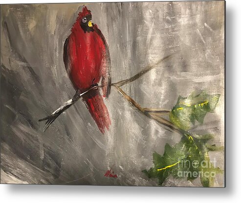 Red Cardinal Bird Eye Metal Print featuring the painting The Moon in the Eye by Nina Jatania