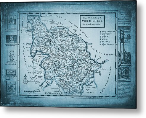 Yorkshire Metal Print featuring the photograph The West Riding of Yorkshire Vintage Map 1724 Blue by Carol Japp
