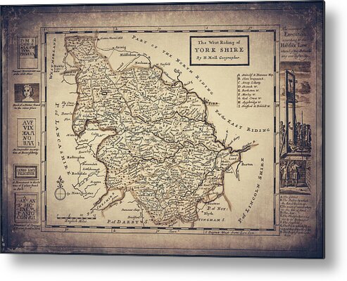 Yorkshire Metal Print featuring the photograph The West Riding of Yorkshire Vintage Map 1724 Sepia by Carol Japp