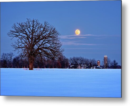 Moon Metal Print featuring the photograph The Winter Blues - Wolf Moonrise with Lone Oak and WI Dairy Farm by Peter Herman