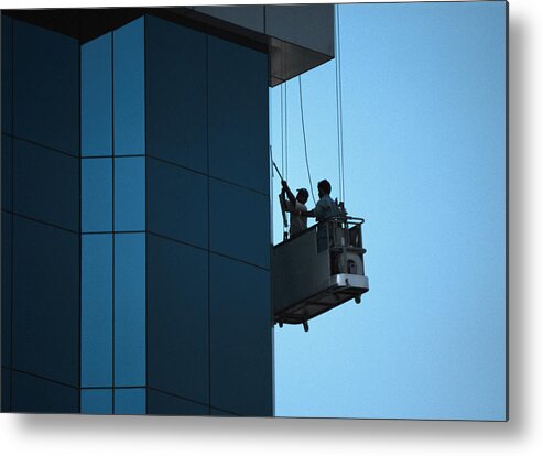 Risk Metal Print featuring the photograph Two men cleaning skyscraper's facade by Frederic Cirou