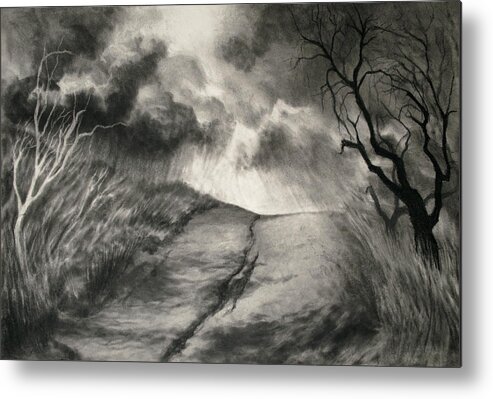 Trees Metal Print featuring the drawing Two Trees Anticipating Storm by Judy Frisk