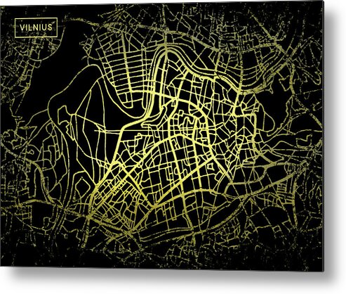 Map Metal Print featuring the digital art Vilnius Map in Gold and Black by Sambel Pedes