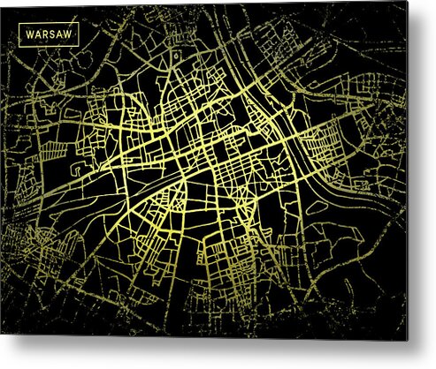 Map Metal Print featuring the digital art Warsaw Map in Gold and Black by Sambel Pedes