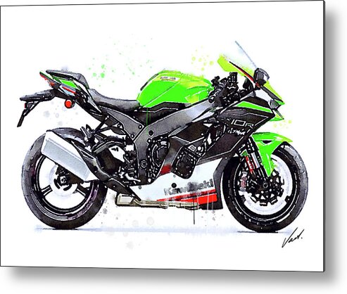 Sport Metal Print featuring the painting Watercolor Kawasaki Ninja ZX10R motorcycle - oryginal artwork by Vart. by Vart Studio