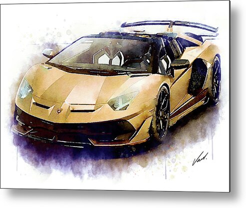 Watercolor Metal Print featuring the painting Watercolor Lamborghini Aventador - oryginal artwork by Vart