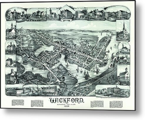 Wickford Metal Print featuring the photograph Wickford Rhode Island Vintage Map Birds Eye View 1888 by Carol Japp