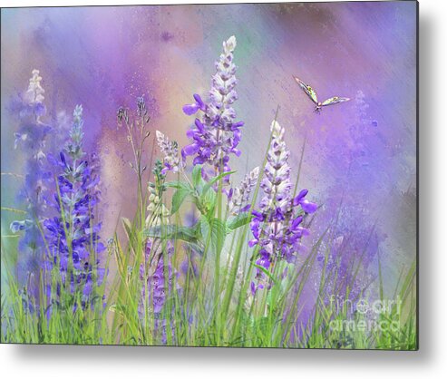 Foxgloves Metal Print featuring the mixed media Wild Flowers with Butterfly by Morag Bates