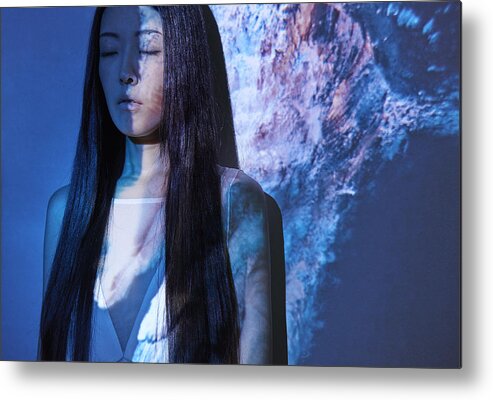 Tranquility Metal Print featuring the photograph Woman in front of projection with Underwater model by Masahisa Iketani