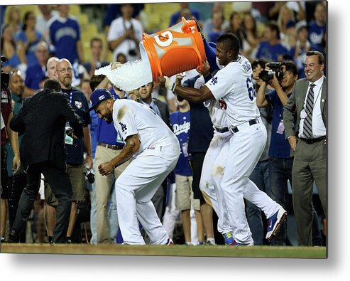 Game Two Metal Print featuring the photograph Yasiel Puig and Matt Kemp by Stephen Dunn