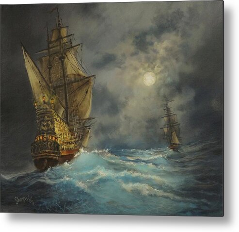 Pirate Ship Metal Print featuring the painting In Pursuit by Tom Shropshire