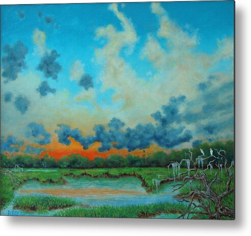 Egrets Metal Print featuring the painting Egrets Watching Sun Set by Dwain Ray