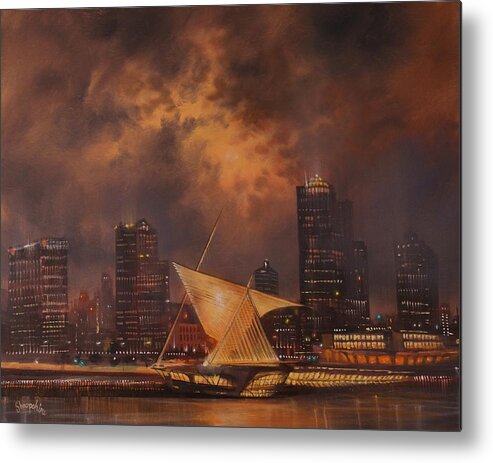 Lake Michigan Metal Print featuring the painting Milwaukee Art Museum and Skyline by Tom Shropshire