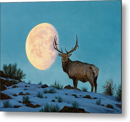Wildlife Metal Print featuring the painting Setting Moon and Elk by Paul Krapf