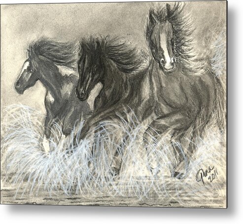 Wild Horses Metal Print featuring the drawing Wild Horses Run by Gina Cordova
