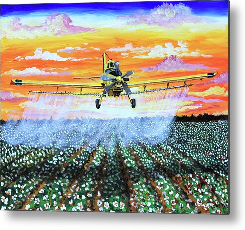 Air Tractor Metal Print featuring the painting Air Tractor at Sunset Over Cotton by Karl Wagner