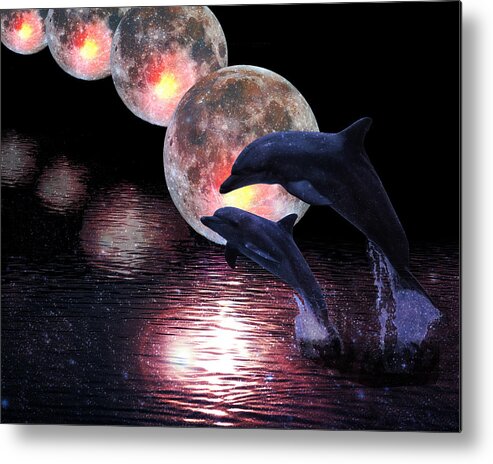 Moonlight Metal Print featuring the digital art Dolphins in the moonlight by Sandra Selle Rodriguez