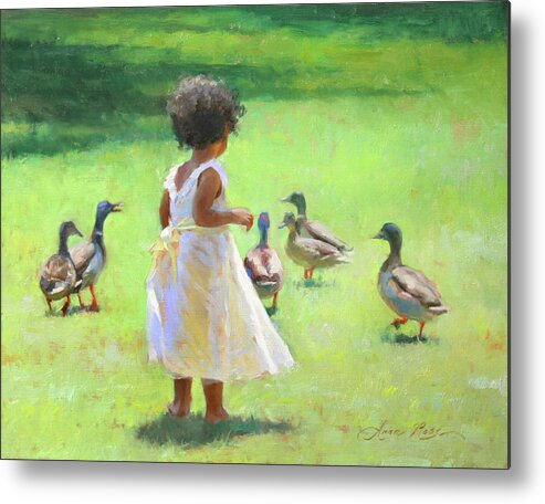 Chasing Ducks Metal Print featuring the painting Duck Chase by Anna Rose Bain