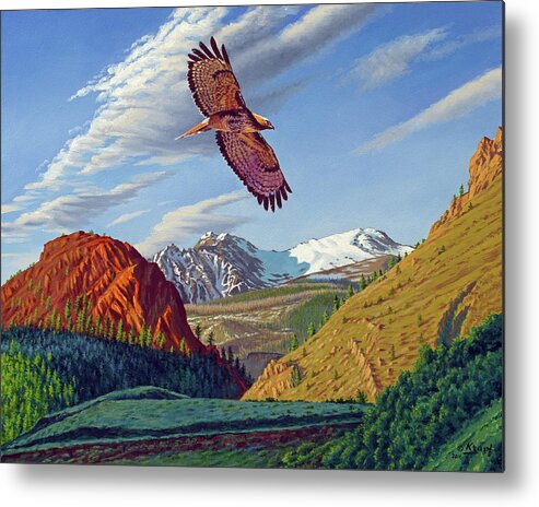 Red-tailed Hawk Metal Print featuring the painting Electric Peak with Hawk by Paul Krapf