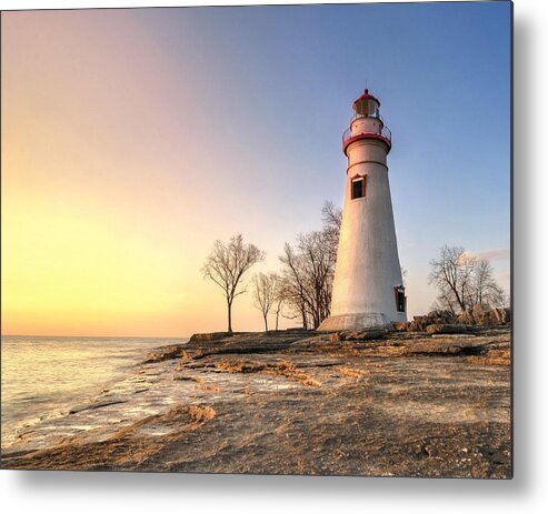 Sunrise Landscape Lighthouse marblehead Lighthouse lake Erie Ohio Color Spring Metal Print featuring the photograph Golden Glow by Jeff Burcher