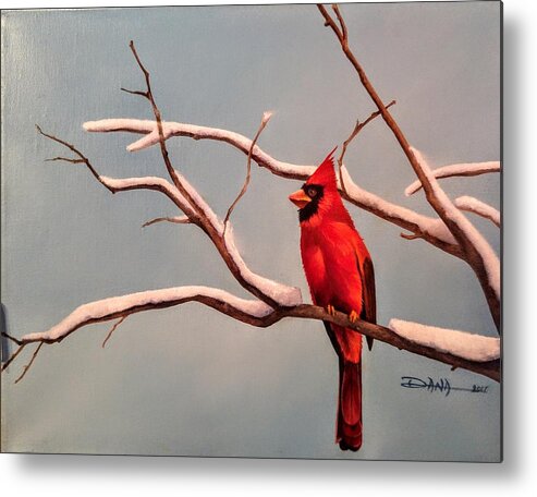 Birds Metal Print featuring the painting Last snow of winter, Cardinal by Dana Newman