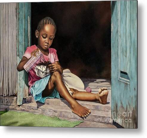 Fine Art Metal Print featuring the painting Lil' Hair Braider by Nicole Minnis